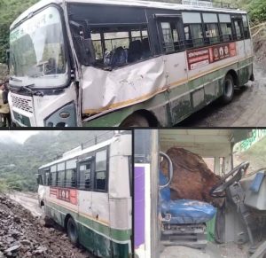 राजगढ़ में पहाड़ी से पत्थर गिरने से चलती HRTC बस की खिड़की टूटी, मासूम व महिला घायल, बड़ा हादसा टला।